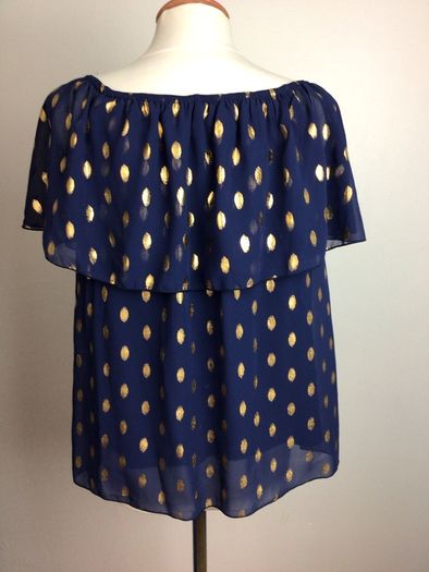 Navy blue & gold print chiffon off shoulder blouse top BNWTS size 12 including postage