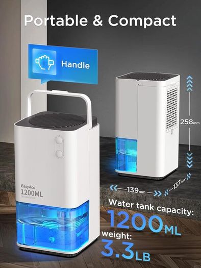 1200ml Electric Dehumidifier with Ultra Quiet & Auto Shut off 7 Colorful LED Portable Mini Dehumidifier for Wardrobe, Bathroom, Closet, RV, Bedroom, Garage