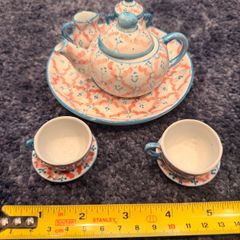 Dollhouse Scale Blue Floral Tea Set - Teapot + 2 Cups & Saucers