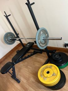 home gym, squat rack, bench, bb and 105kg in plates