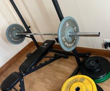 home gym, squat rack, bench, bb and 105kg in plates