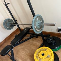 home gym, squat rack, bench, bb and 105kg in plates