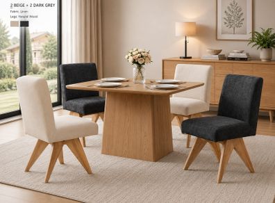 Set of 2 Modern Dining Chairs with V shaped Wooden Legs Chenille Beige Armless Kitchen Chairs with Soft Chenille Cover and Sturdy Wooden Leg