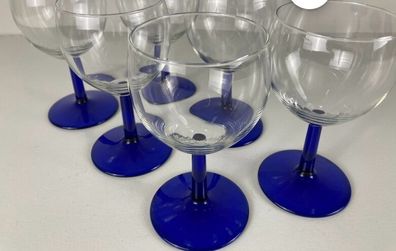 A bundle of Vintage Retro Luminarc Arcoroc Made in France Mid Century Cobalt Stemmed Wine Glasses ( 6 )