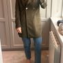 olive green faux-suede double-breasted coat featuring a prominent plush F U R colla Image 3
