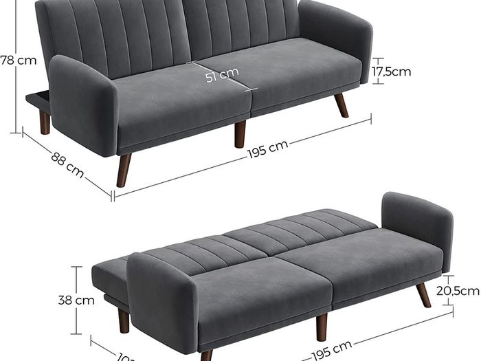 Sofa bed, sofa bed, sofa bed, cover made of velvet, legs made of solid wood, 195 x 88 x 78 cm, foldable, fold-out sofa, for dormitories, small rooms, gray