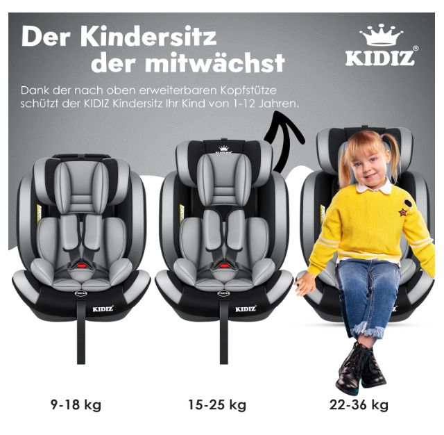 Kidiz Universal Car Seat - 9kg-36kg - 5-point safety belt