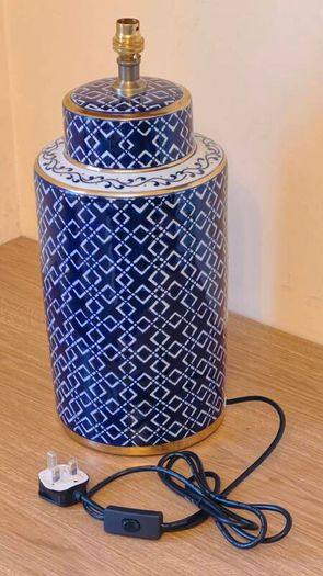 Large Ceramic Forino Blue Glazed Patterned Table Lamp with Shade