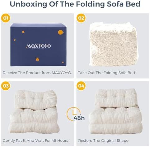 Folding Sofa Bed, Convertible Sleeper Chair with Pillow Foldable Mattress with Back Support, Portable Fold Out Chair Bed Comfy Floor Sofa Lounge for Living Room Bedroom, Beige