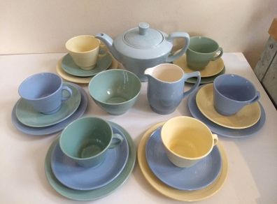 Beautiful 21 Piece (including Teapot) "Harlequin" Collection of Woodsware Utilityware in the Three Colourways, Beryl, Jasmine and Iris