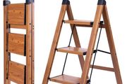 Step Ladder 3-Step Woodgrain Finish Aluminum Folding Ladders Anti-slip Sturdy Foldable Ladder Step Stool for Kitchen Home Office Libaray