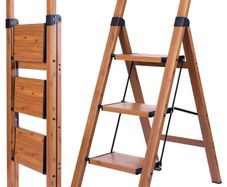 Step Ladder 3-Step Woodgrain Finish Aluminum Folding Ladders Anti-slip Sturdy Foldable Ladder Step Stool for Kitchen Home Office Libaray