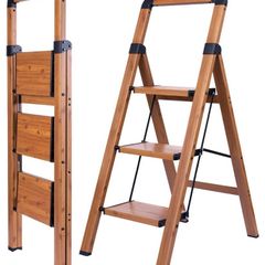 Step Ladder 3-Step Woodgrain Finish Aluminum Folding Ladders Anti-slip Sturdy Foldable Ladder Step Stool for Kitchen Home Office Libaray