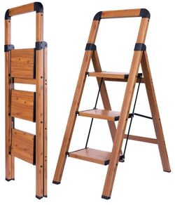 Step Ladder 3-Step Woodgrain Finish Aluminum Folding Ladders Anti-slip Sturdy Foldable Ladder Step Stool for Kitchen Home Office Libaray