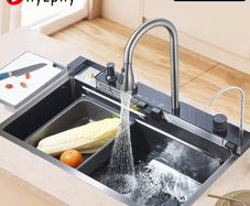 Stainless Steel Waterfall Kitchen Sink Large Single Slot Integrated With Digital Display Faucet Set Soap Dispenser Cup Washer