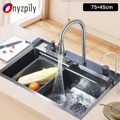 Stainless Steel Waterfall Kitchen Sink Large Single Slot Integrated With Digital Display Faucet Set Soap Dispenser Cup Washer