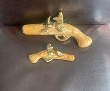 Vintage ceramic pistol decanters, porcelain flintlock liquor bottles, novelty whiskey bottles, matching pair, unmarked, mid-century