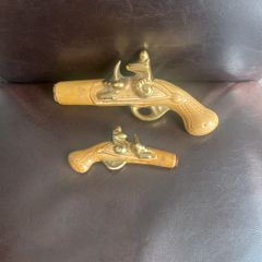 Vintage ceramic pistol decanters, porcelain flintlock liquor bottles, novelty whiskey bottles, matching pair, unmarked, mid-century