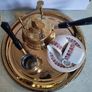 Turkish / Greek / Arabic Coffee set. Coffee Pot Brass for 2 set on brass Tray with 2 Cups and saucers and brass Seprteaia. Image 5