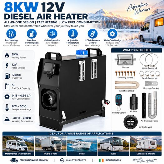 8KW 12V Diesel Air Heater  All-in-One Parking Heater with LCD & Remote Control