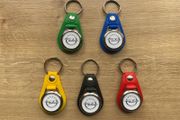 Brand new synthetic leather Opel metal key ring with shopping trolley token/coin