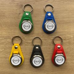 Brand new synthetic leather Opel metal key ring with shopping trolley token/coin