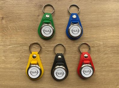 Brand new synthetic leather Opel metal key ring with shopping trolley token/coin