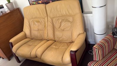 Leather Reclining Sofa and Two Footstools