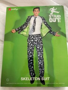 Halloween Skeleton Suit, Black & White, with Jacket, Trousers, and tie . Fitted suit with all over skull print.
