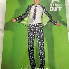 Halloween Skeleton Suit, Black & White, with Jacket, Trousers, and tie . Fitted suit with all over skull print.