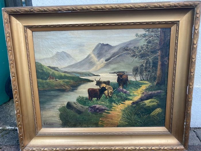 Vintage oil painting 1800s signed fisher