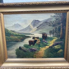Vintage oil painting 1800s signed fisher