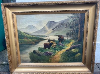Vintage oil painting 1800s signed fisher