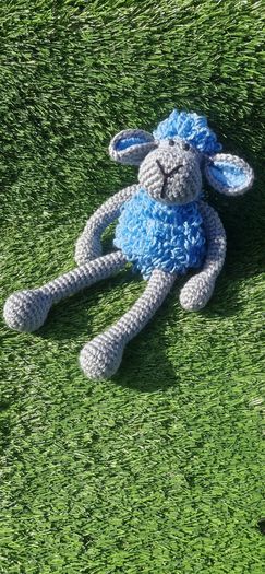Handmade Crochet Lamb Plushie - Blue & Grey, 30cm