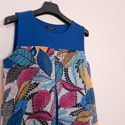 Sophie B Blue Multicolor Tropical Leaf Print Sheer Kaftan Tunic Dress 12UK/40EU