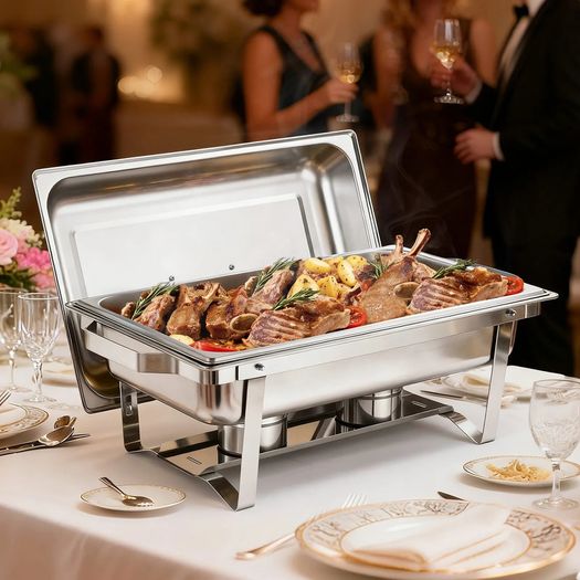 Rectangle Chafing Dish, 9.91L 4 Pack Stainless Steel Chafing Dish, Food Warmer Chafer Complete Set with Hollow Handle, 2 Food Tongs, Lid, Fuel Holder, Chafer Dishes for Banquet Party Wedding