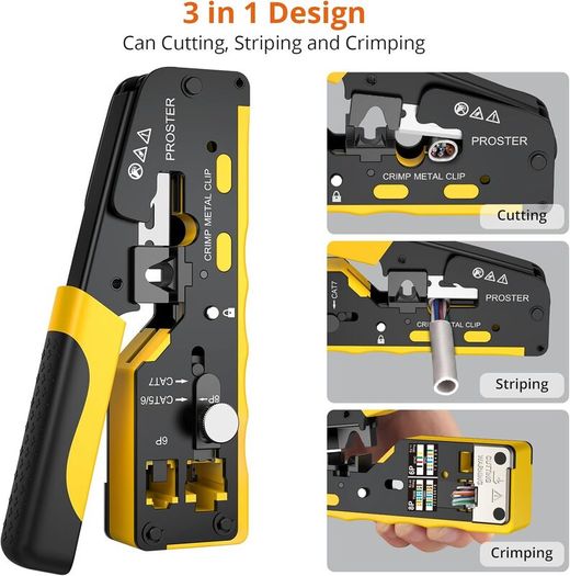 RJ45 Crimp Tool - 3 in 1 Pass Through Ethernet Crimping Tool Kit with 20PCS CAT7 Gold-Plated Copper Shielded Connectors & 20PCS Protection Covers for 8P CAT5 Cat6 CAT7 & 6P RJ11 RJ12