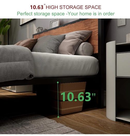 King Size Bed Frame with Storage Wooden Headboard, Metal Bed Frame