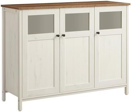 Sideboard Kitchen Cabinet Storage Cabinet with Glass Doors for Living Room Kitchen Dining Room Steel Frame Industrial Style Honey Brown Vintage White