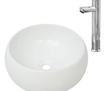 Bathroom Basin with Mixer Tap Ceramic Round White