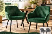 Set of 2 Velvet Dining Chairs with Armrests Green or Grey
