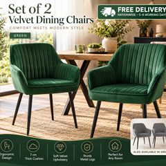 Set of 2 Velvet Dining Chairs with Armrests Green or Grey