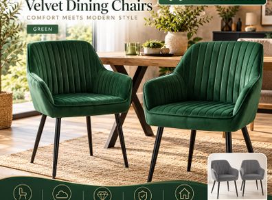 Set of 2 Velvet Dining Chairs with Armrests Green or Grey