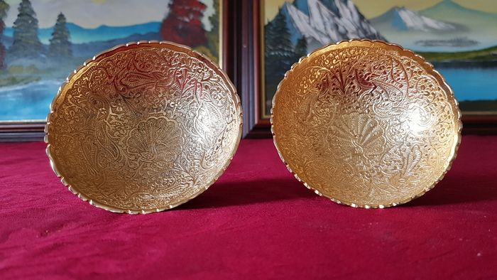 Antique Ornate And Engraved Solid Brass Footed Bowls With Underplate