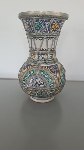 Vase Fes Blue & White With Silver Filigree