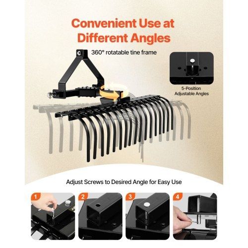 127 cm Lanscape Rock Rake, 3-Point Tow Behind Landscape Rake with 17 Steel Tines, Fit Category 1 Tractors, Angle Adjustable, Heavy Duty Lawn Dethatcher Rake for Grass Branch Debris