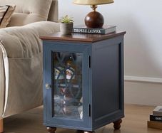 Slim Bedside Table, Farmhouse Nightstand, Glass Door Narrow Bedside Table with Storage, Blue Slim Bedside Cabinets with Adjustable Shelf, Small Side Tables Living Room, Bedroom