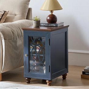 Slim Bedside Table, Farmhouse Nightstand, Glass Door Narrow Bedside Table with Storage, Blue Slim Bedside Cabinets with Adjustable Shelf, Small Side Tables Living Room, Bedroom