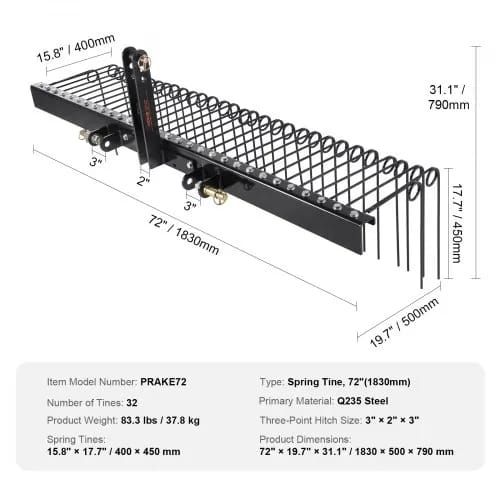 Tow Behind Landscape Rake 72"/183 cm Lawn Dethatcher Rake with 32 Steel Tines