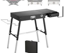 Folding Grill Table 87x45 cm Camping Griddle Stand Fit 43 & 56 cm, for Picnic BBQ Tailgating, Carbon Steel, Adjustable Height, 158 kg, Outdoor Cart with Magnetic Tool Rack and Tissue Holder